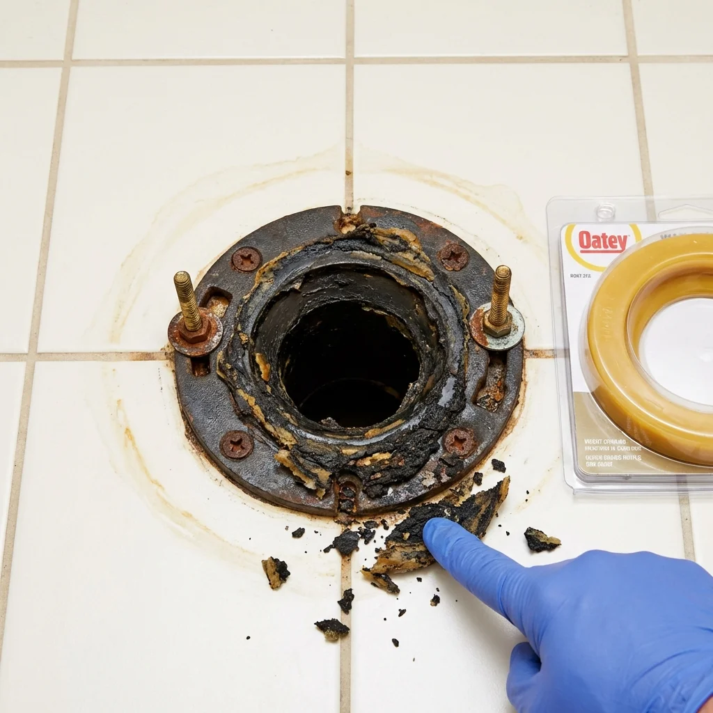 Failed wax ring showing water seepage at the base of a toilet in a Mount Vernon, TX home