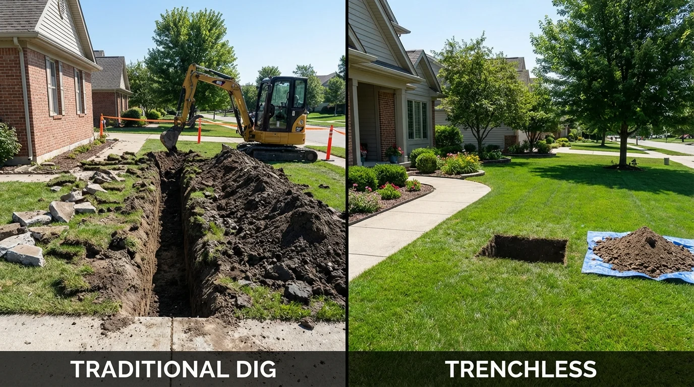 Trenchless sewer repair with minimal yard damage versus traditional excavation in Mount Vernon, TX